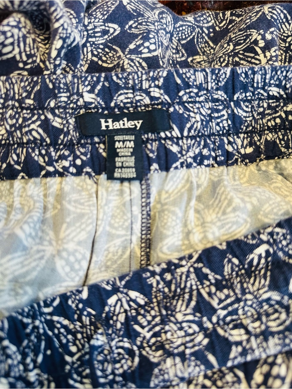 HATLEY Pant Blue White Floral Elasticized Waist Tassels Pockets Like New Sz M - Picture 3 of 8